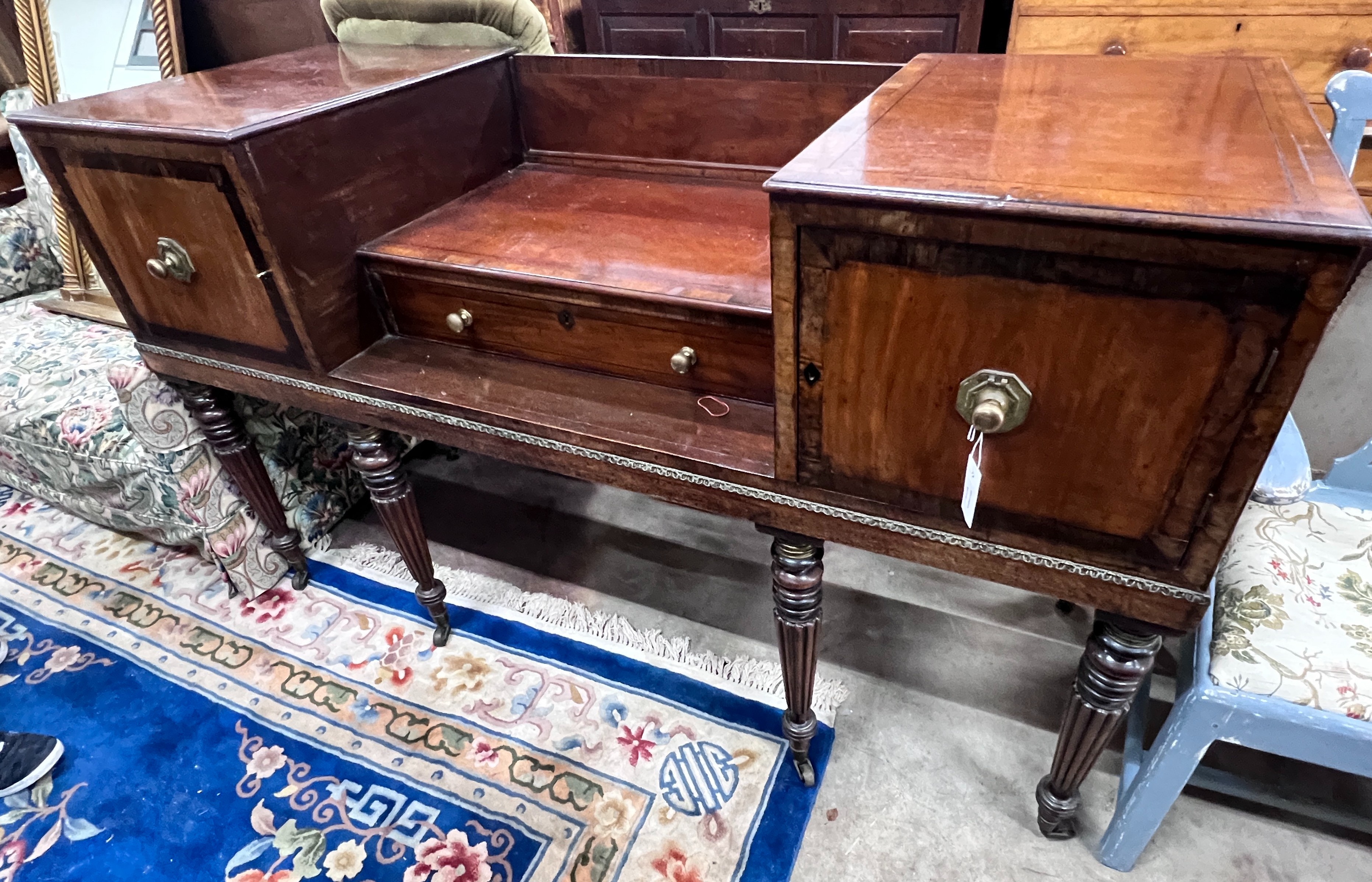 An early 19th century rosewood banded mahogany desk converted from a square piano, length 165cm, depth 62cm, height 99cm